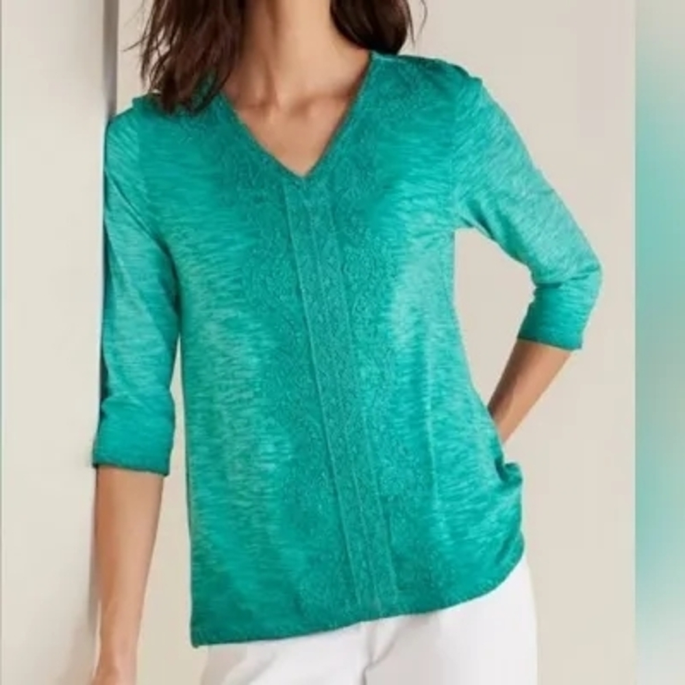 Soft Surroundings Trevi Lace Jewel Tone Green Cotton Top 3x